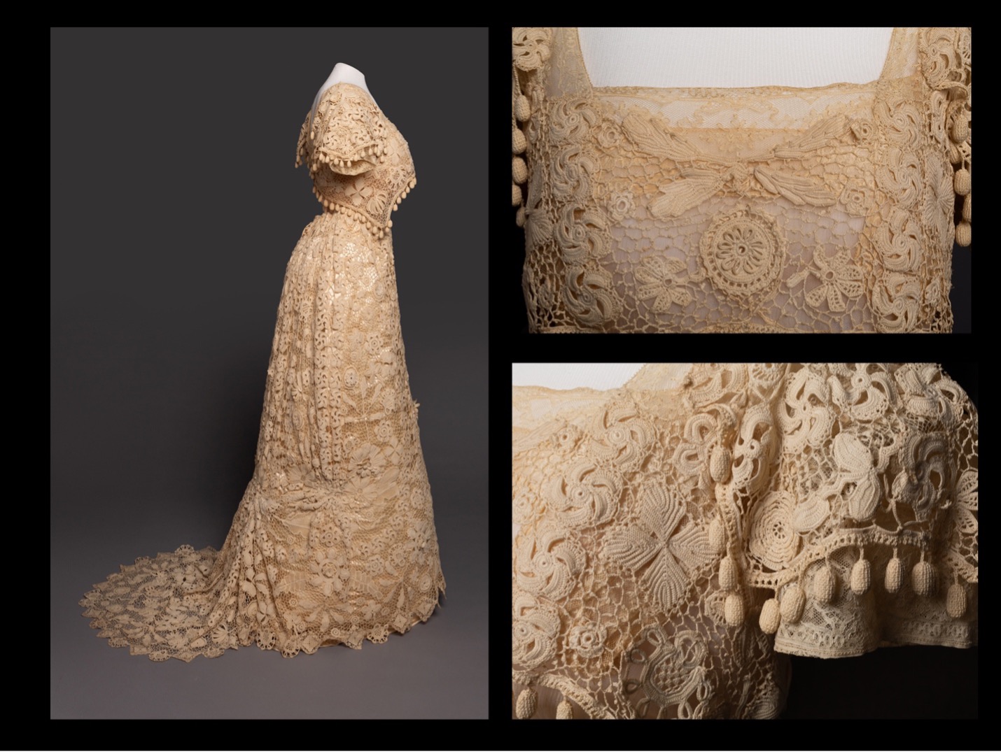 Irish crochet lace dress side view and details (bodice & skirt ensemble)