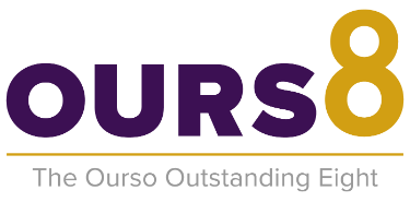 a wordmark in grey, purple, and gold which reads Ourso Outstanding Eight, the final O in Ourso is the bottom of a number eight 