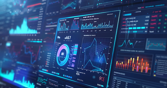 Digital dashboard displaying data visualizations, charts and graphs.